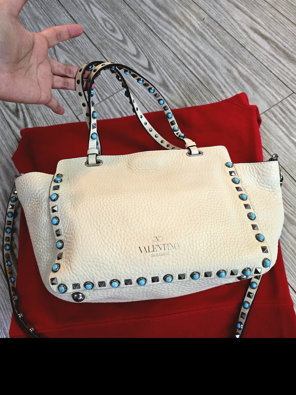 Valentino Garavani White Pebbled Leather Turquoise Studded Satchel